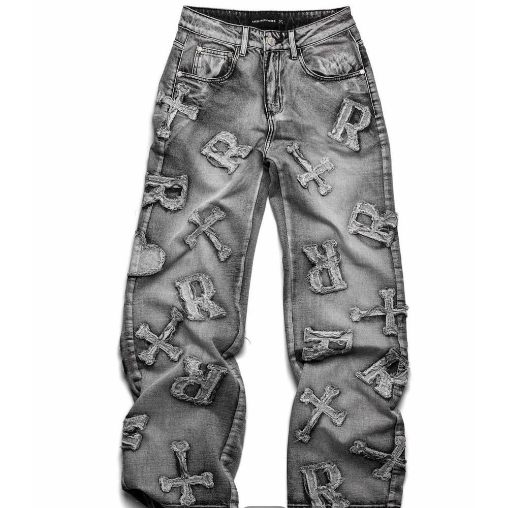 ‼️SALE‼️Racer Worldwide Acid Wash Black Distressed Cross Patchwork Jeans Size 26